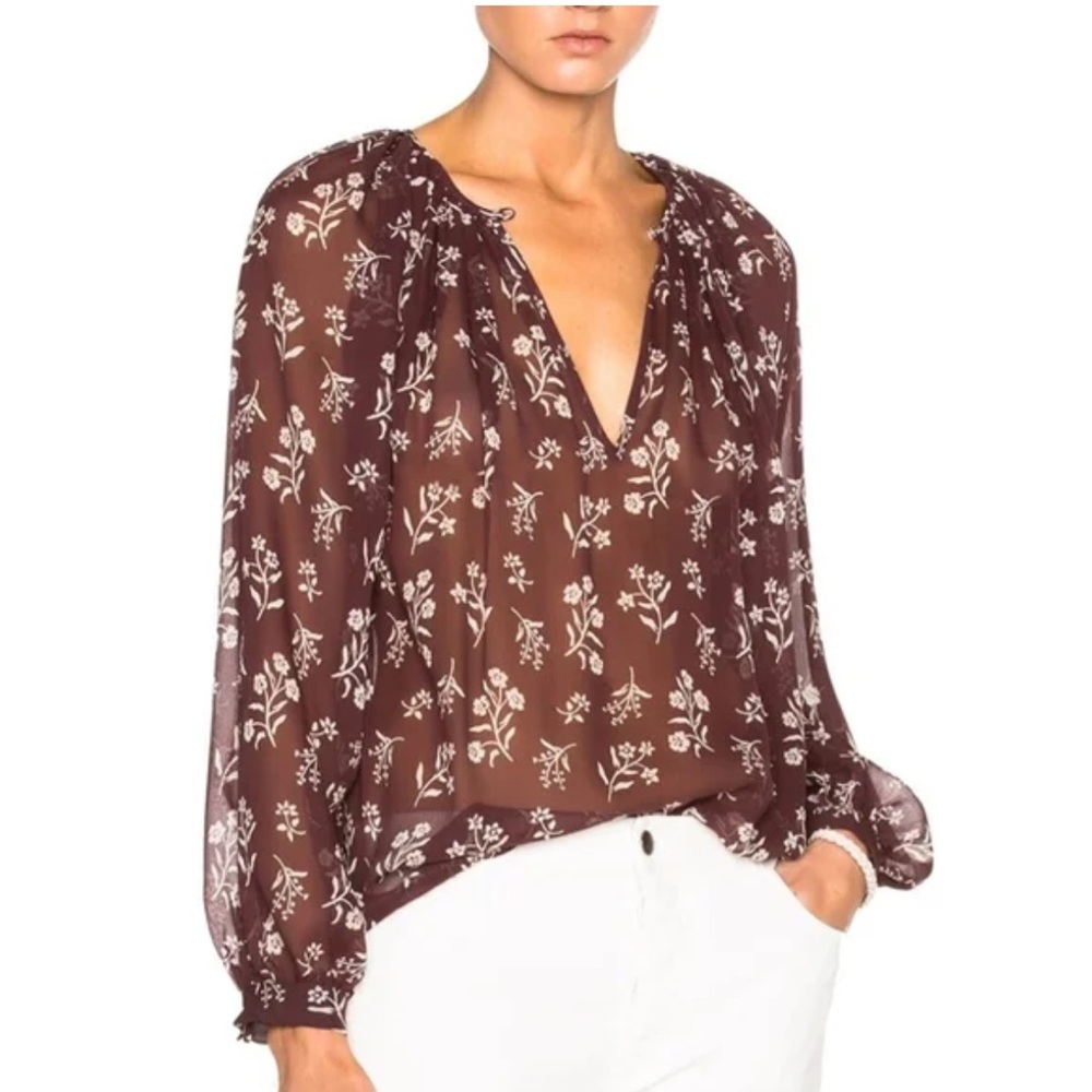 Nili Lotan 100% Silk Blossom Saint Tropez Sheer Floral Peasant Blouse Top - S